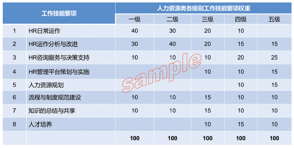 工作技能要项不同级别权重赋分